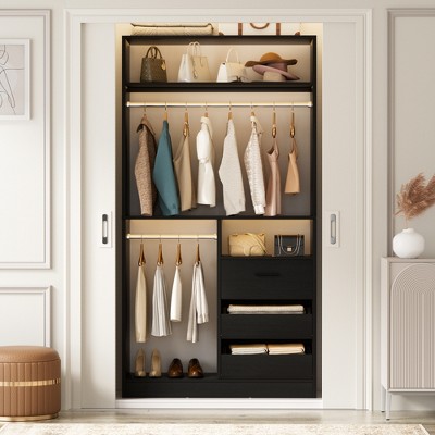 Besiost 36-In Closet Organizer with Wood Drawers, Freestanding Closet System with Hanging Rods