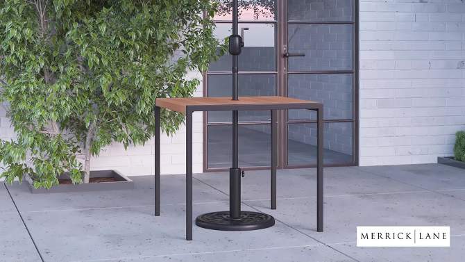 Merrick Lane Square Faux Teak Outdoor Dining Table with Powder Coated Steel Frame, 9' Adjustable Umbrella and Base, 2 of 18, play video