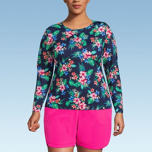 Lands End Women s Plus Size Crew Neck Long Sleeve Rash Guard Upf 50 Sun Protection Swim Tee 2x Deep Sea Navy Rosella Floral Target