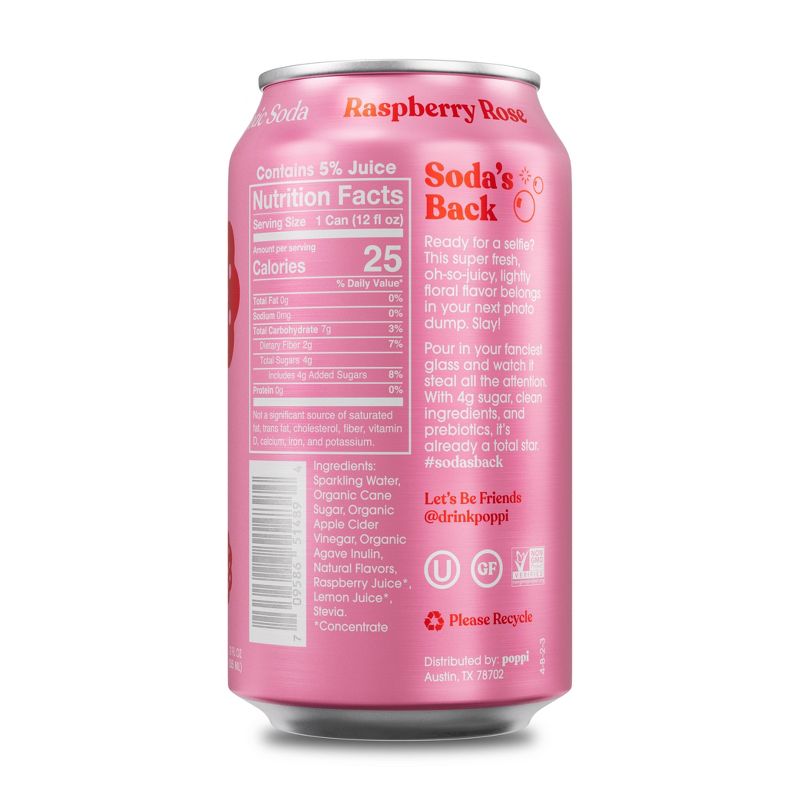 Poppi Raspberry Rose Prebiotic Soda - 12 fl oz Can, 3 of 11