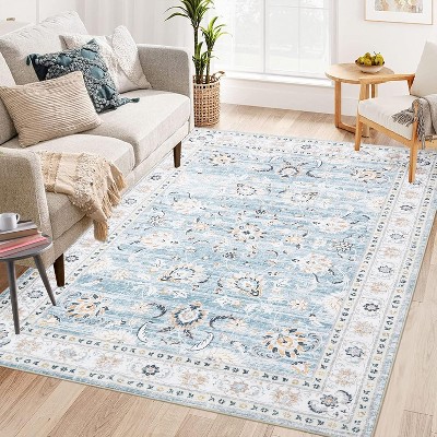 Area Rug Large Washable Rugs for Living Room Non Slip Low Pile Aesthetic Carpet Indoor Soft Floor Carpet Vintage Oriental Distressed
