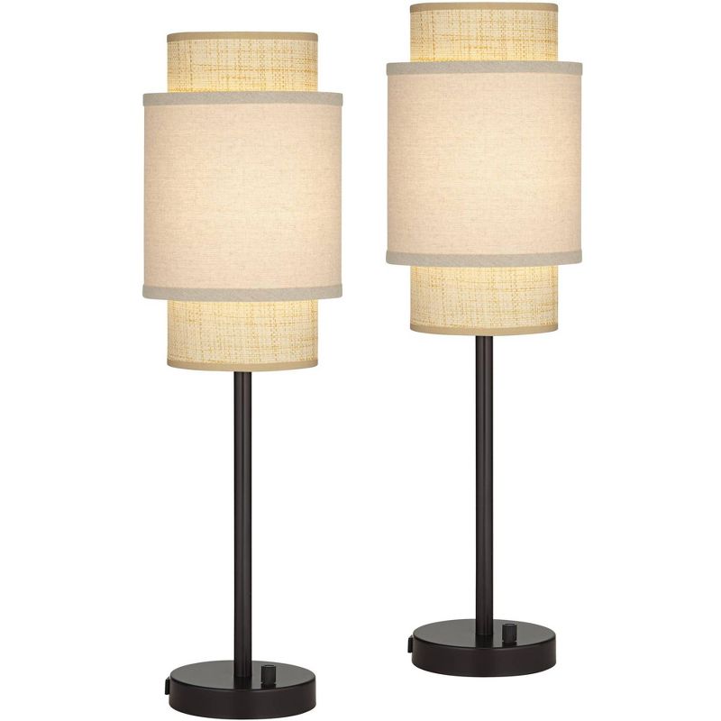 360 Lighting Tull 27" Tall Modern Table Lamps Set of 2 USB Port AC Power Outlet Black Brown Metal Living Room Charging Bedroom Tan Tiered Shade, 1 of 10