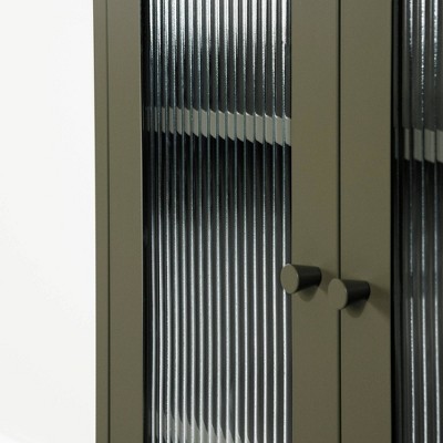 Olive Green Metal Storage Cabinet with Fluted Glass Doors