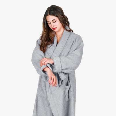 Medium Gray Plush Fleece Long Bathrobe with Pockets