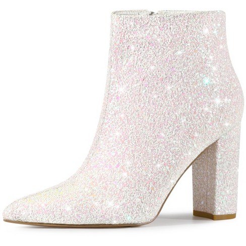 Perphy Women s Glitter Sparkly Pointed Toe Zipper Chunky Heels Ankle Boots White 6 Target