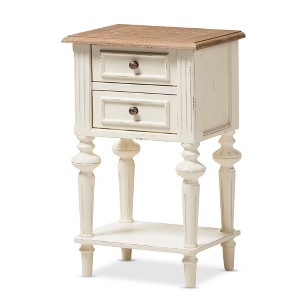 Marquetterie French Provincial Style Weathered Oak Wash Distressed Wood Finish Two - Tone 2 - Drawer and 1 - Shelf Nightstand - White - Baxton Studio - 1 of 4