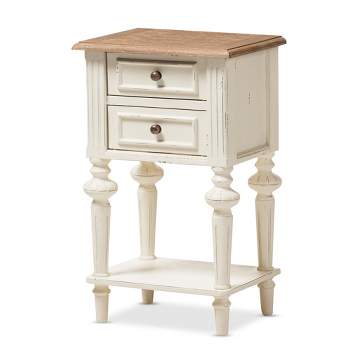 Marquetterie French Provincial Style Weathered Oak Wash Distressed Wood Finish Two - Tone 2 - Drawer and 1 - Shelf Nightstand - White - Baxton Studio