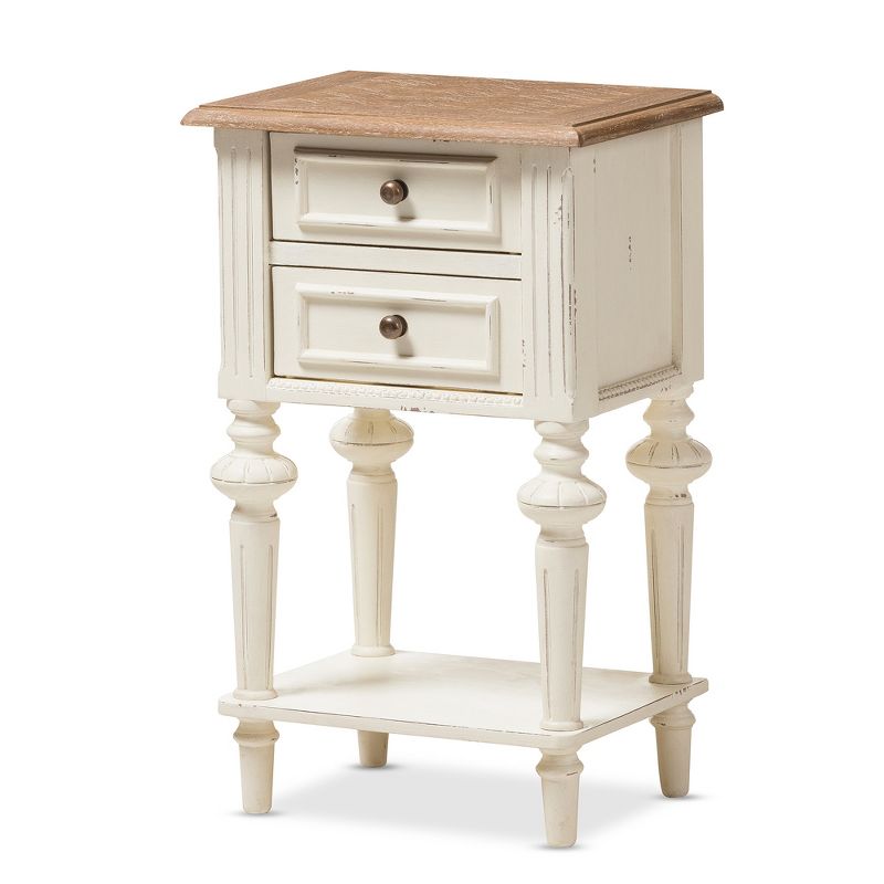 Marquetterie French Provincial Style Weathered Oak Wash Distressed Wood Finish Two - Tone 2 - Drawer and 1 - Shelf Nightstand - White - Baxton Studio, 1 of 7