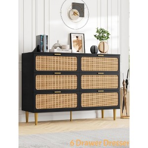 6 Drawer Dresser for Bedroom, Rattan Chest of Drawers w/ Deep Drawers Large Modern Double Dresser for Closet w/ Wide Top Horizontal Wooden Dresser - 1 of 4