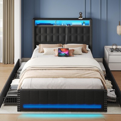 Upholstered Platform Bed Frame with Charging Station, Drawers & LED Headboard