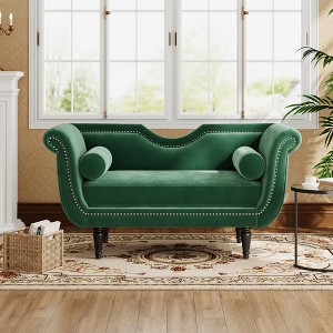 Christopher Knight Home Baird Velvet Bench with Nailhead Trim and Curved Arms, 2 Pillows and Wood Legs - 1 of 4
