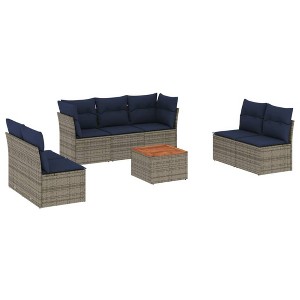 vidaXL 8 Piece Patio Sofa Set with Cushions Gray Poly Rattan - Table + 5x Middle + 2x Corner - 1 of 4