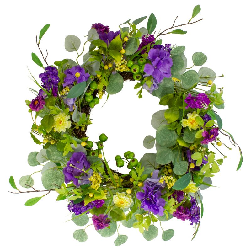 Northlight Eucalyptus and Hydrangea Floral Berry Spring Wreath, Purple and Yellow 23", 1 of 5