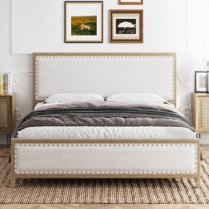 Vintage Wood Grain Metal Platform Bed Frame with Linen Headboard and Footboard - 1 of 4
