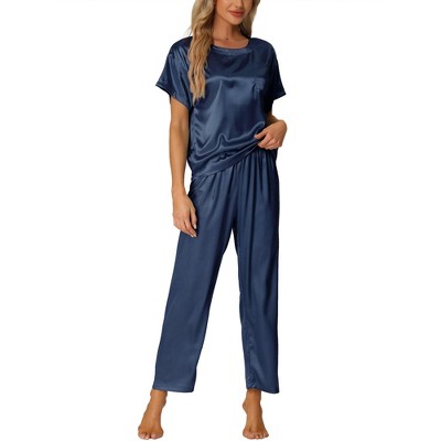cheibear Women's Satin Summer Short Sleeves Sleepshirt with Pants Lounge Pajamas Sets