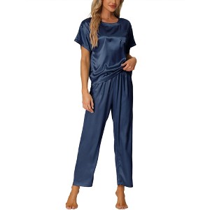 cheibear Women's Satin Summer Short Sleeves Sleepshirt with Pants Lounge Pajamas Sets - 1 of 4
