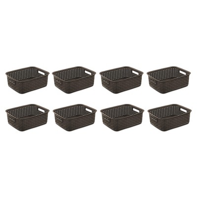 Sterilite Small Convenient 11-Inch Long Short Basketweave Home Storage Open Basket Organizer, Espresso (8 Pack)