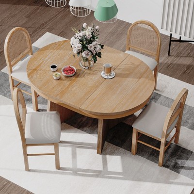 GDFStudio Harper 5 Piece Dining Set with Extendable Table and Upholstered Rattan-Back Chairs