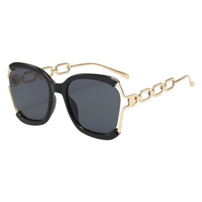 Anna-Kaci Oversized Square Sunglasses with Cutout Chain Link Arms and Glamorous Metal Trim