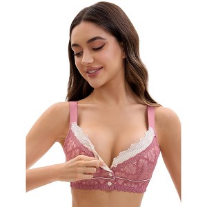 INSPIRE CHIC Front Closure for Women's Lace Full Coverage V Neck Wirefree Adjustable Straps Soft Bras - 1 of 4