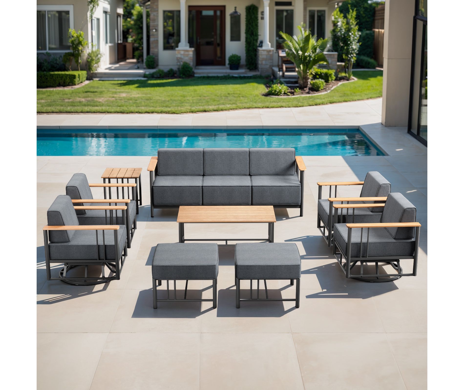 Belord Metal Outdoor Furniture Set with Extra Thick Cushion, 9PCS Patio Furniture Set with 6" Thick Cushions Swivel Chair and 10" Thick Cushions Couch