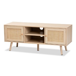 Sebille Wood with Natural Rattan 2 Door TV Stand for TVs up to 45" Light Brown - Baxton Studio - 1 of 4