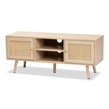 Sebille Wood with Natural Rattan 2 Door TV Stand for TVs up to 45" Light Brown - Baxton Studio