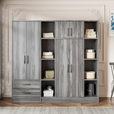 LOVMOR 6-Door Wardrobe with Shelves, Drawers, 2 Hanging Rods, 1 Closed Cabinet and 8 Open Shelves for Bedroom, Home Room