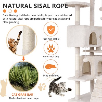 70" Beige Sisal and Faux-Fur Multi-Level Cat Tree Tower