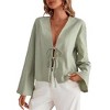 Women Shirt Tie Front Tops Long Sleeve V Neck Casual Lace Up Bow Blouses - 2 of 4
