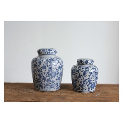 Blue and White Floral Ceramic Ginger Jar with Lid