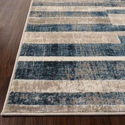 Modern Blue and Cream Striped Synthetic Area Rug, 5'x8'