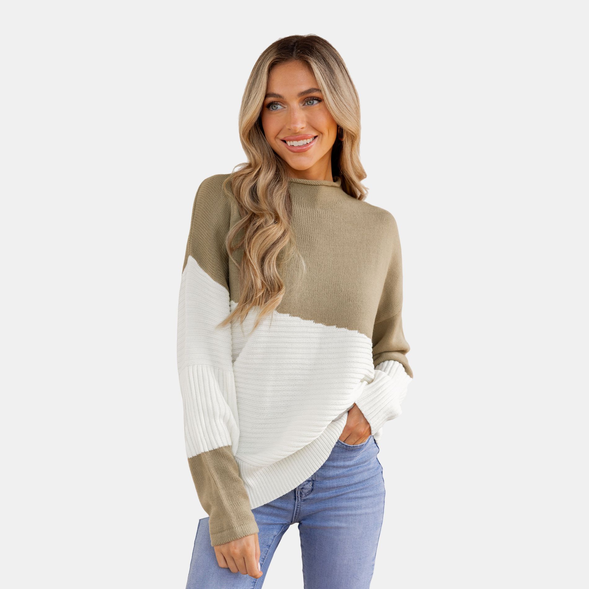 Cupshe Women's Ribbed Colorblock Mock Neck Sweater-S-Beige