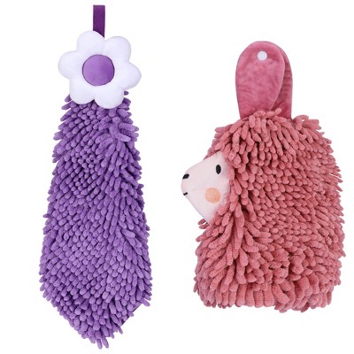 REGALWOVEN Soft Absorbent Flower Pattern and Sheep Pattern Chenille Hand Towel with Loop 6" x 15"/7" x 11" 2 Pcs