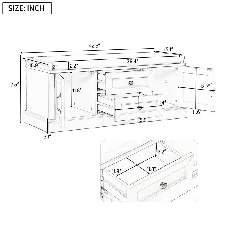 Entryway Storage Bench with 2 Drawers and 2 Cabinets, Shoe Bench with Removable Cushions-ModernLuxe, 3 of 12
