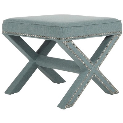 Sky Blue Upholstered Ottoman with Nailhead Trim