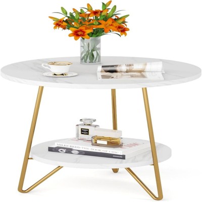 SEVOBAL End Tables Round Side Table with Dual Tier Storage and Faux Marble Top for Living Room Bedroom , White Gold, 21.65"*26.77"*3.54"