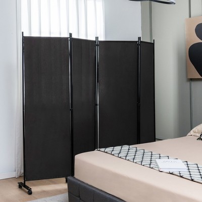 Black 4-Panel Folding Room Divider with Lockable Wheels