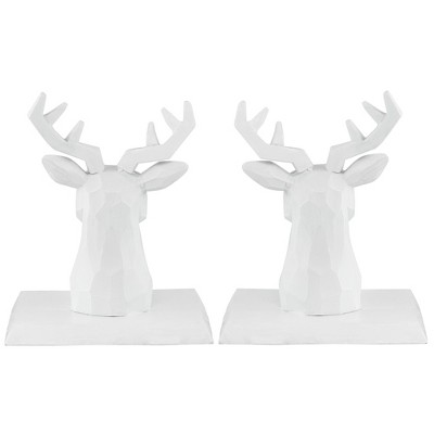 White Hand-Carved Reindeer Head Stocking Holders, Set of 2