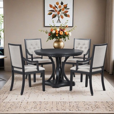 Retro 5-piece Dining Set Extendable Round Table and 4 Chairs for Kitchen Dining Room - Leovsnove