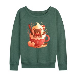 Women's - Instant Message - Holiday Bear Cocoa Mug Lightweight French Terry Wide Neck Long Sleeve Shirt - 1 of 4