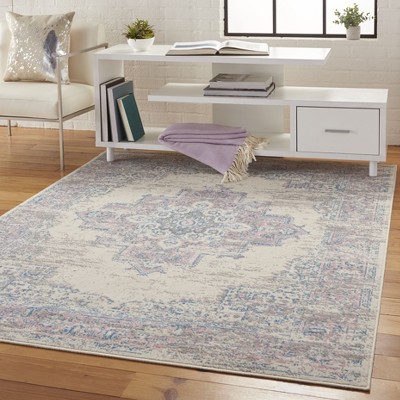 Ivory/Pink/Blue Hand-knotted Synthetic Medallion Area Rug
