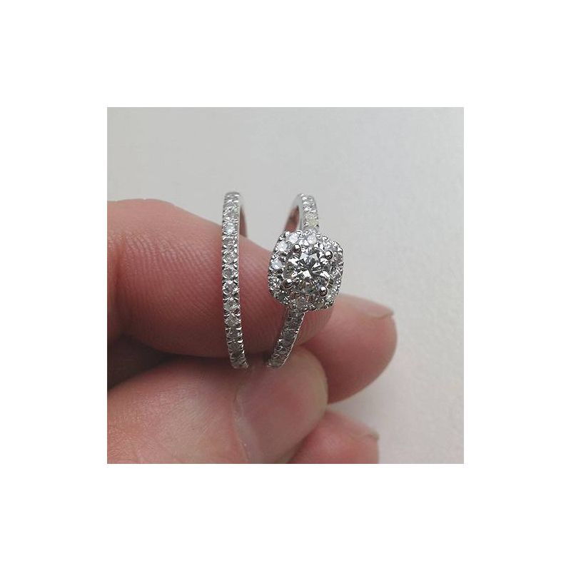 Pompeii3 1ct Cushion Halo Diamond Engagement Wedding Ring Set 14K White Gold, 4 of 6