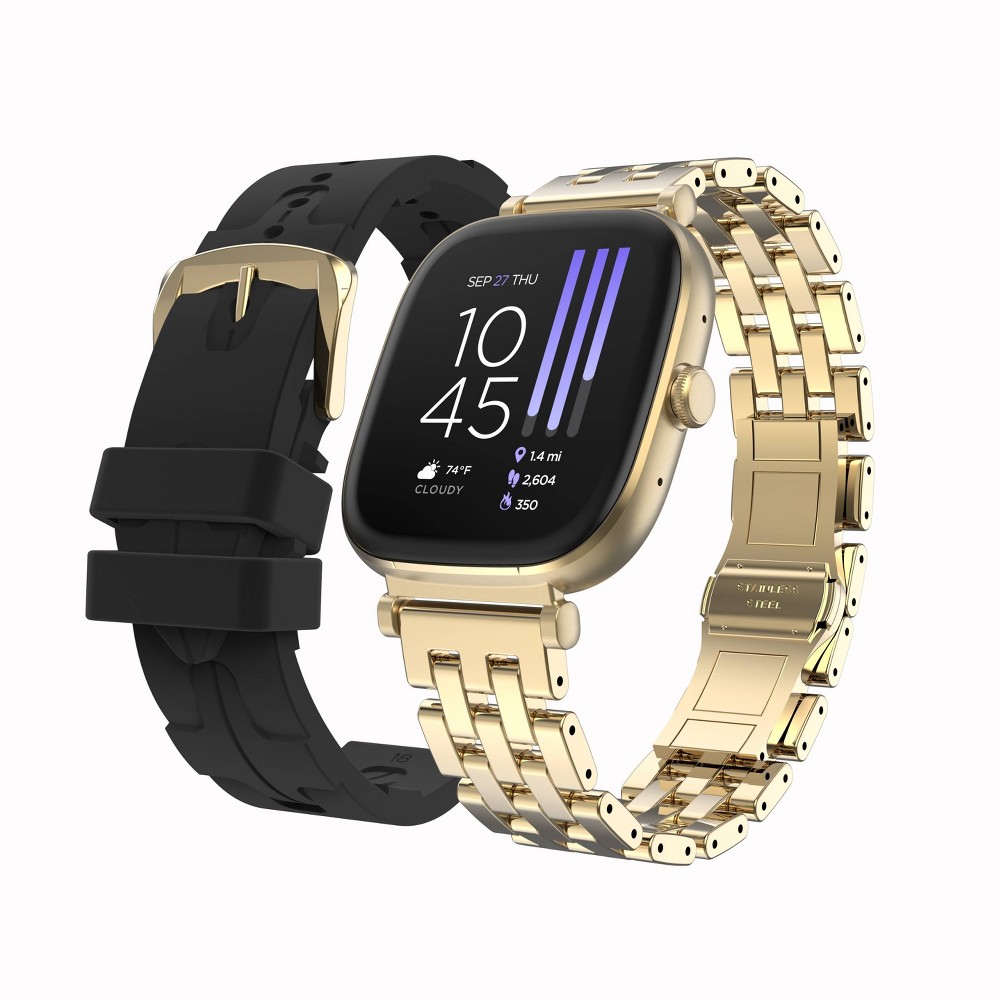 iTOUCH Belle Smartwatch Bundle - Gold Case and Gold Metal and Black Textured Silicone Band