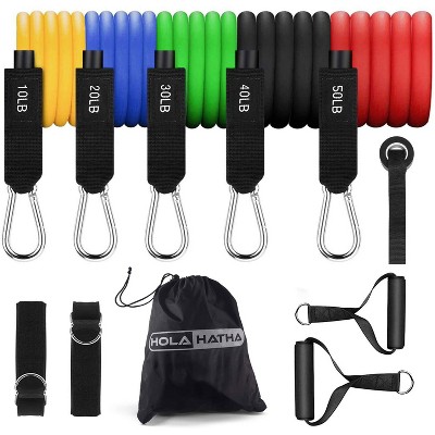 HolaHatha Resistance Band Workout Set Up to 110 Pounds Max with 5 Bands, 2 Padded Handles, 2 Ankle Straps, Door Anchors and Carry Bag