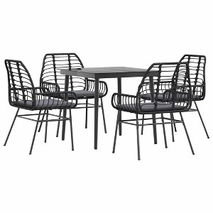 vidaXL 5 Piece Black Patio Dining Set - Poly Rattan Furniture for Garden or Patio - Includes Cushions, Tempered Glass Tabletop - 1 of 4
