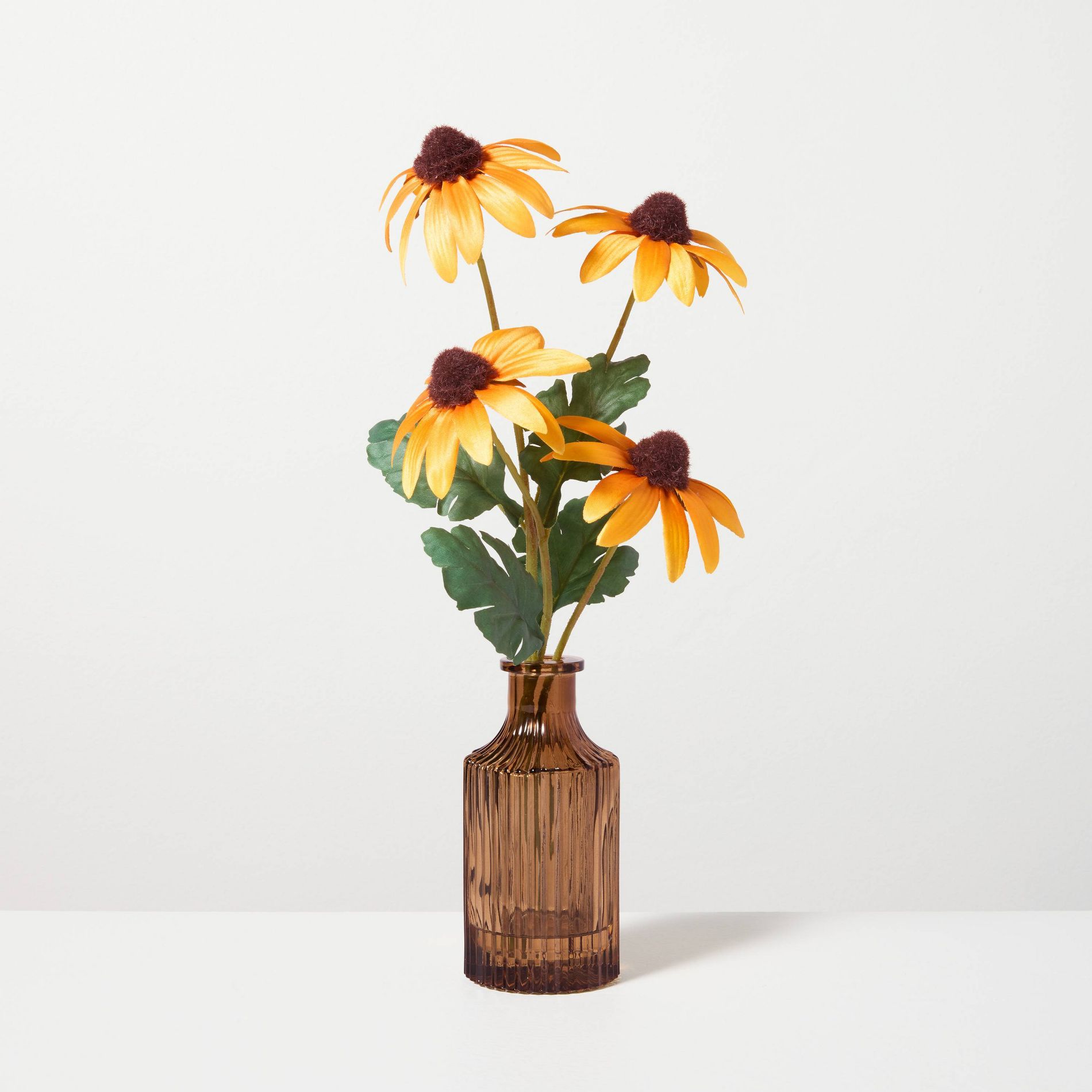 15" Yellow Cone Flower in Amber Vase Arrangement - Hearth & Hand™ with Magnolia