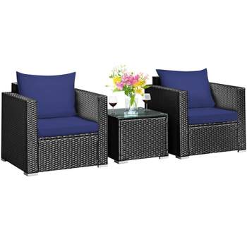 Tangkula 3PCS Patio Rattan Furniture Conversation Set with 2 Cushioned Sofas & Coffee Table for Outdoor