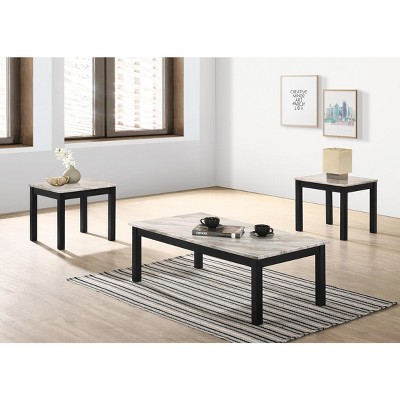 Majestic Beautiful White Faux Marble Top 1x Coffee Table and 2x End Tables 3pc Coffee Table Set Black Legs Living Room Furniture