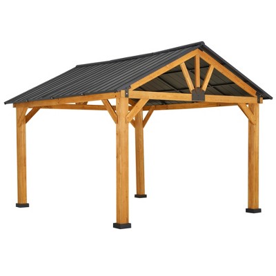 Outsunny 11x13 Hardtop Gazebo with Wooden Frame, Permanent Metal Roof Gazebo Canopy with Ceiling Hook for Garden, Patio, Backyard